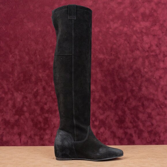 ZIGIny Women Black Suede Riding Slip-on Wedge Heel OTK Fashion Boots sz 7 - Picture 9 of 9